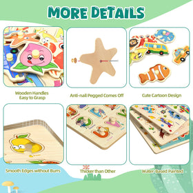 edutree wooden peg puzzle fruits encourages color recognition and shape matching.