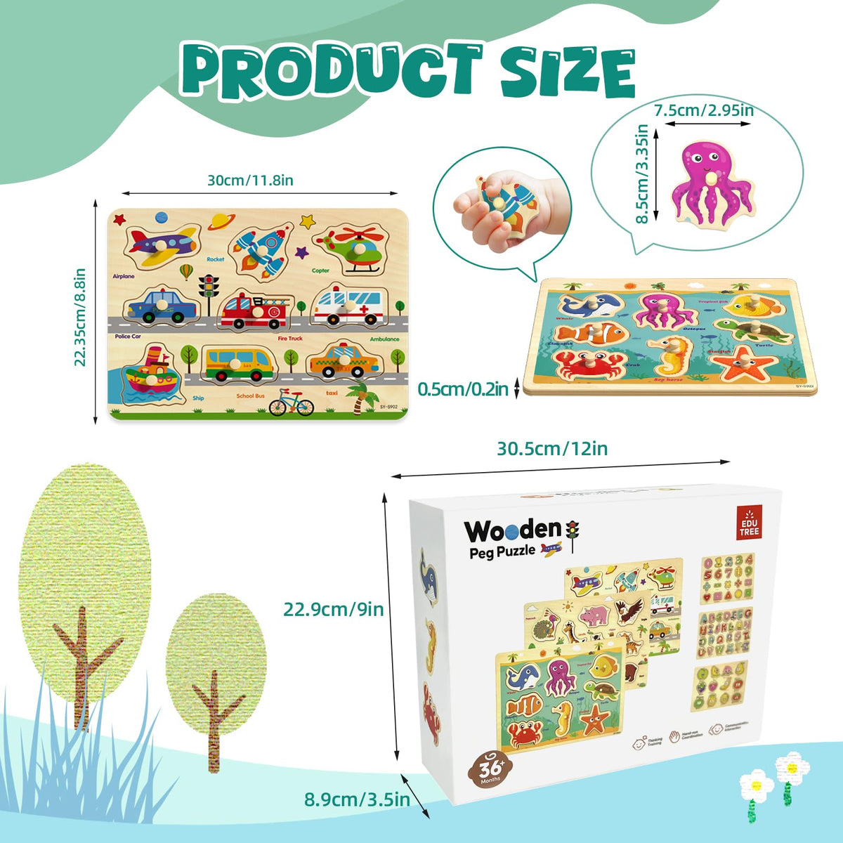 edutree wooden peg puzzle marine animals invites imaginative play and fine motor practice.