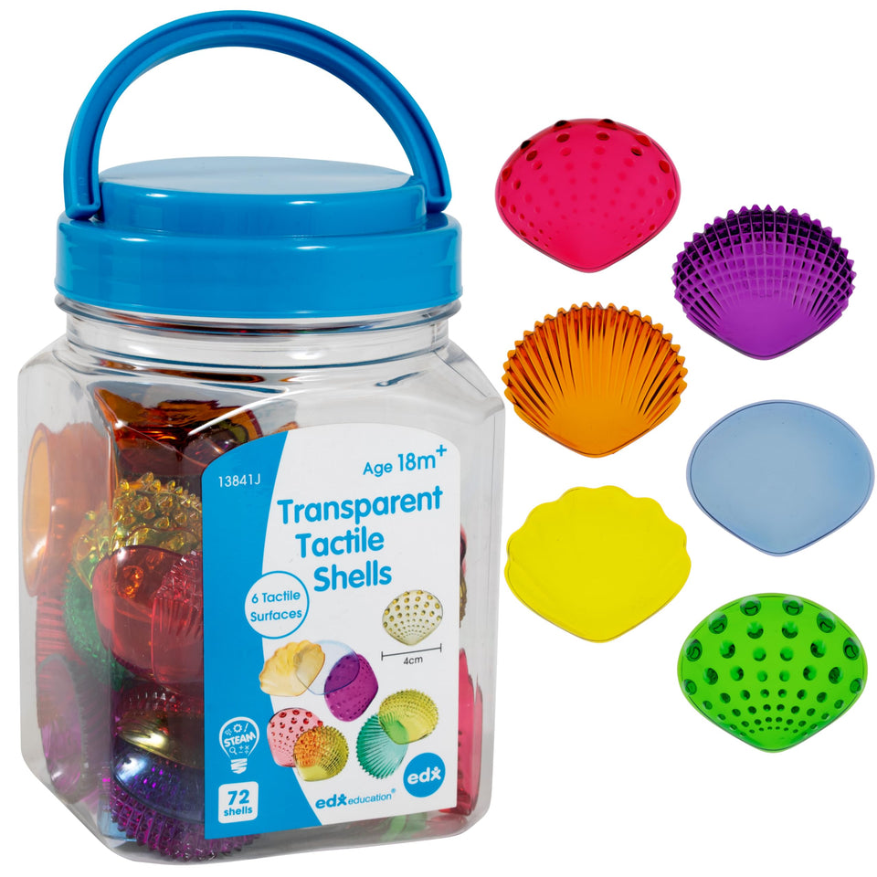 edxeducation tactile shells 72-piece set for light table exploration and color sorting.