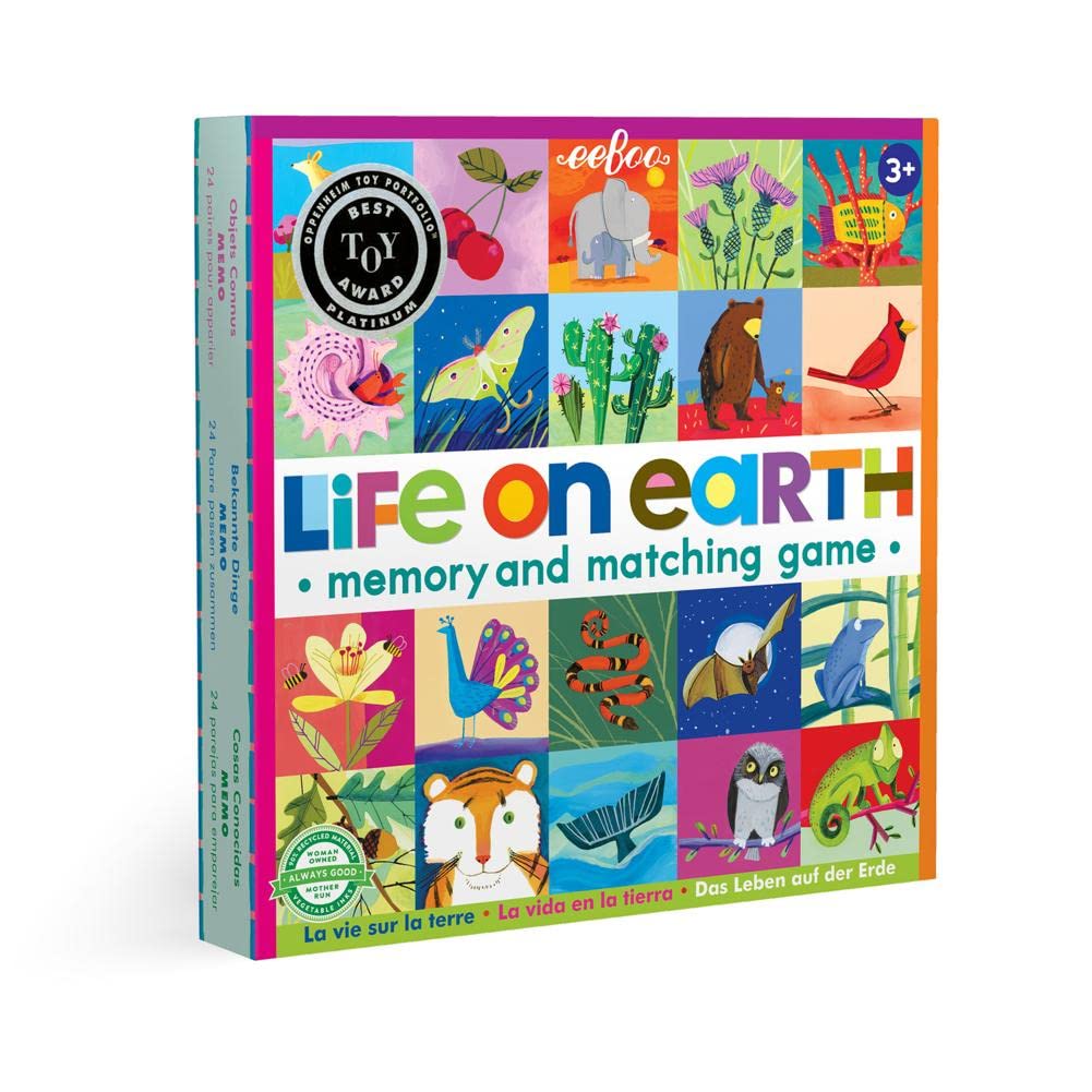 eeBoo Life on Earth memory tiles featuring vibrant animal illustrations for memory practice.