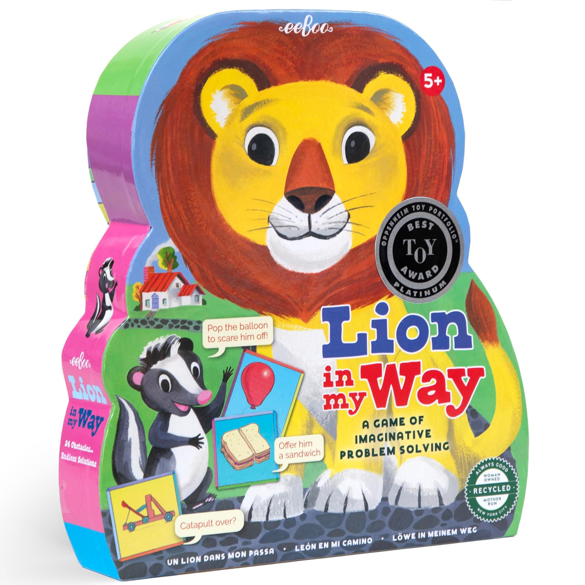 eeBoo Lion in My Way game box front, inviting cooperative imagination for family play