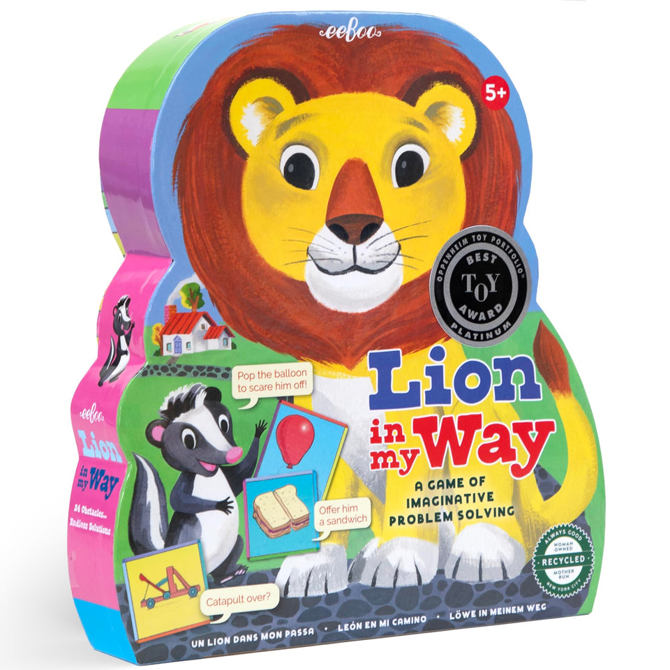 eeBoo Lion in My Way game box front, inviting cooperative imagination for family play