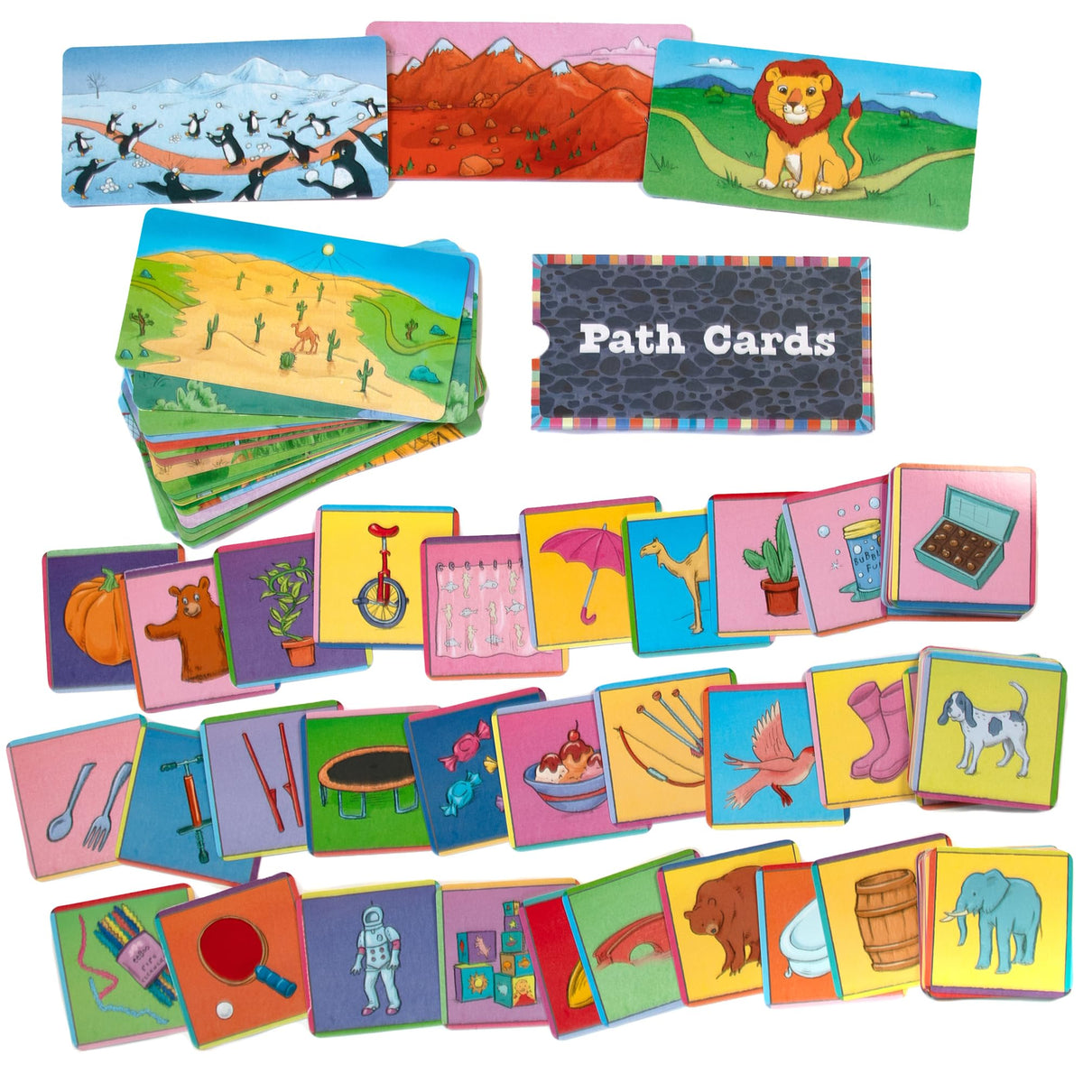 Play setup image: players organizing 100 Tool Cards and 25 Path Cards