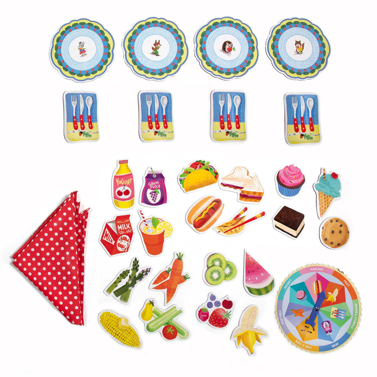 eeBoo Spin to Play Picnic game pieces basket keeps components organized for quick setup.