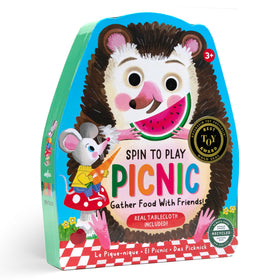 eeBoo Spin to Play Picnic tablecloth spread invites family for screen-free play on a shared surface.