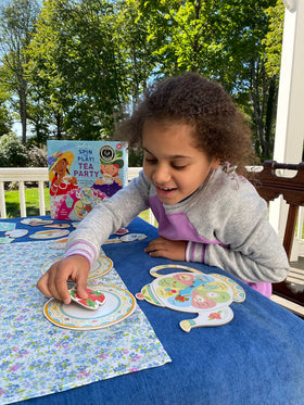 eeBoo Tea Party Spinner Game treats, plates, and teacups set for screen-free family fun