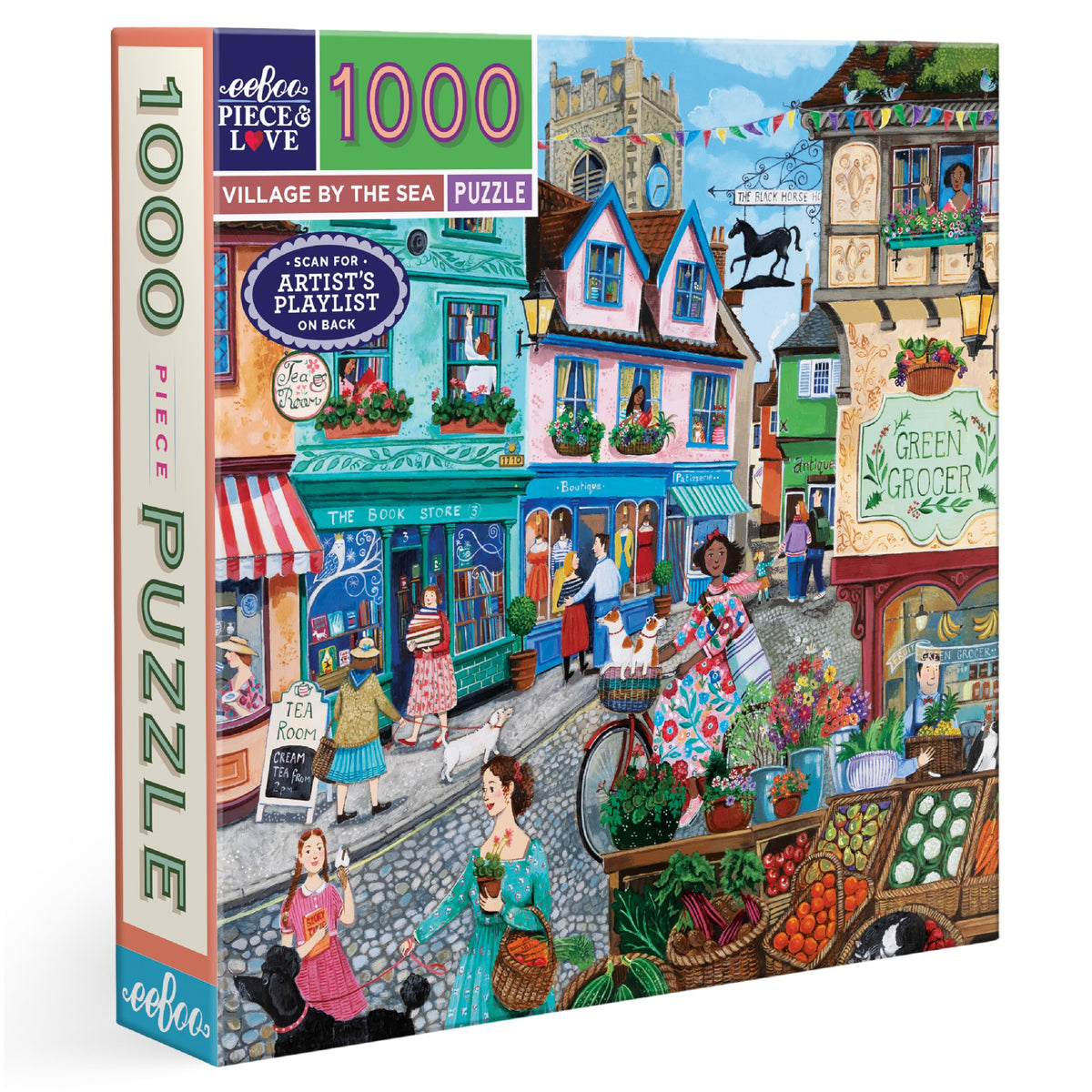 eeBoo Village by the Sea puzzle front view with lively storefronts for mindful play