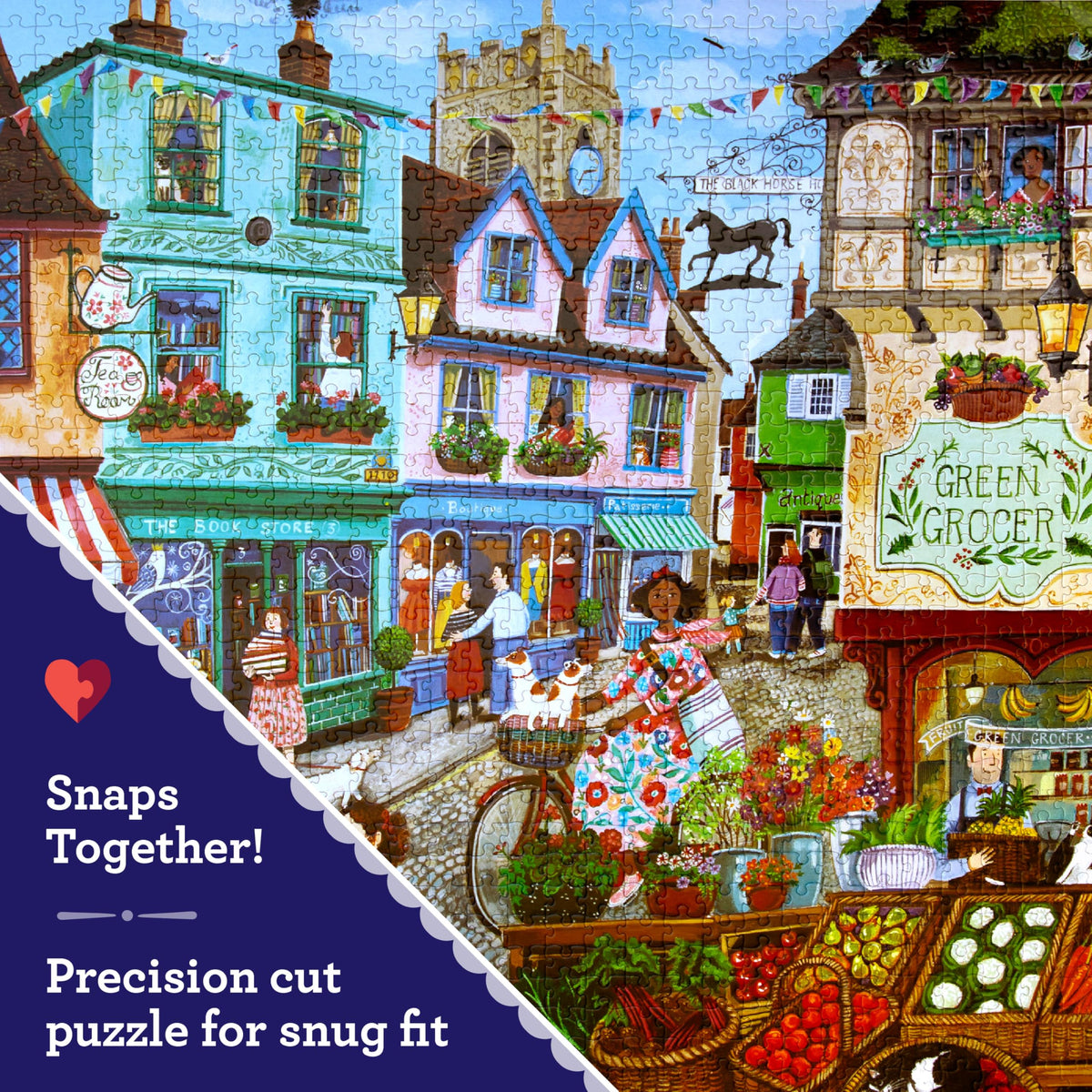 eeBoo Village by the Sea puzzle grocery market corner inspiring calm, patient puzzle solving