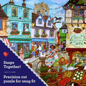 eeBoo Village by the Sea puzzle grocery market corner inspiring calm, patient puzzle solving