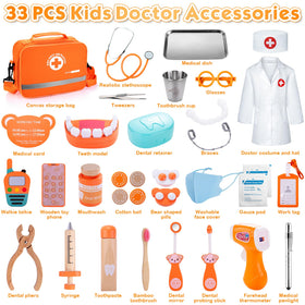 EFO SHM Kids Dentist Play Set's wooden tools provide safe, durable pretend medical exploration.