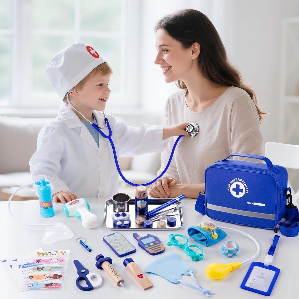 EFO SHM syringe and first aid items enable safe pretend medical scenarios.