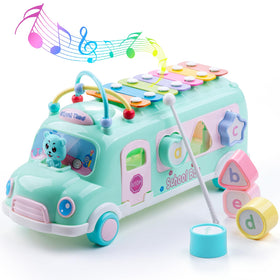 EFOSHM 5-in-1 baby school bus xylophone with bright keys for sensory play.
