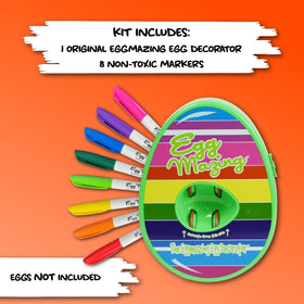 Eggmazing kit contents include spinner and eight markers for immediate use.