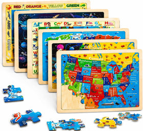 EggSun wooden puzzles with construction trucks; bright colors boost hand-eye coordination