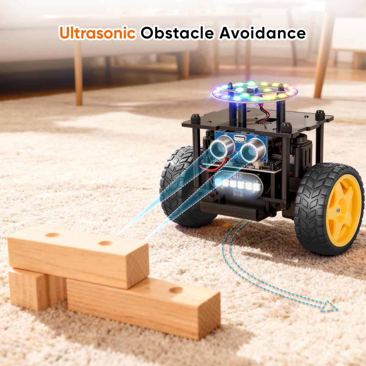 EggTailz Smart Robot Car ultrasonic radar sensing obstacles in real time.