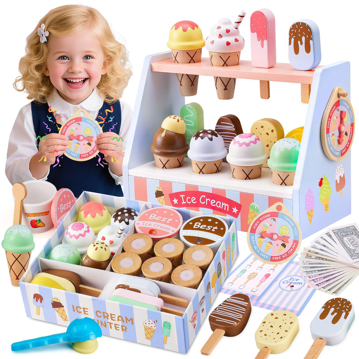 Ehome wooden ice cream counter with scoops promotes imaginative play