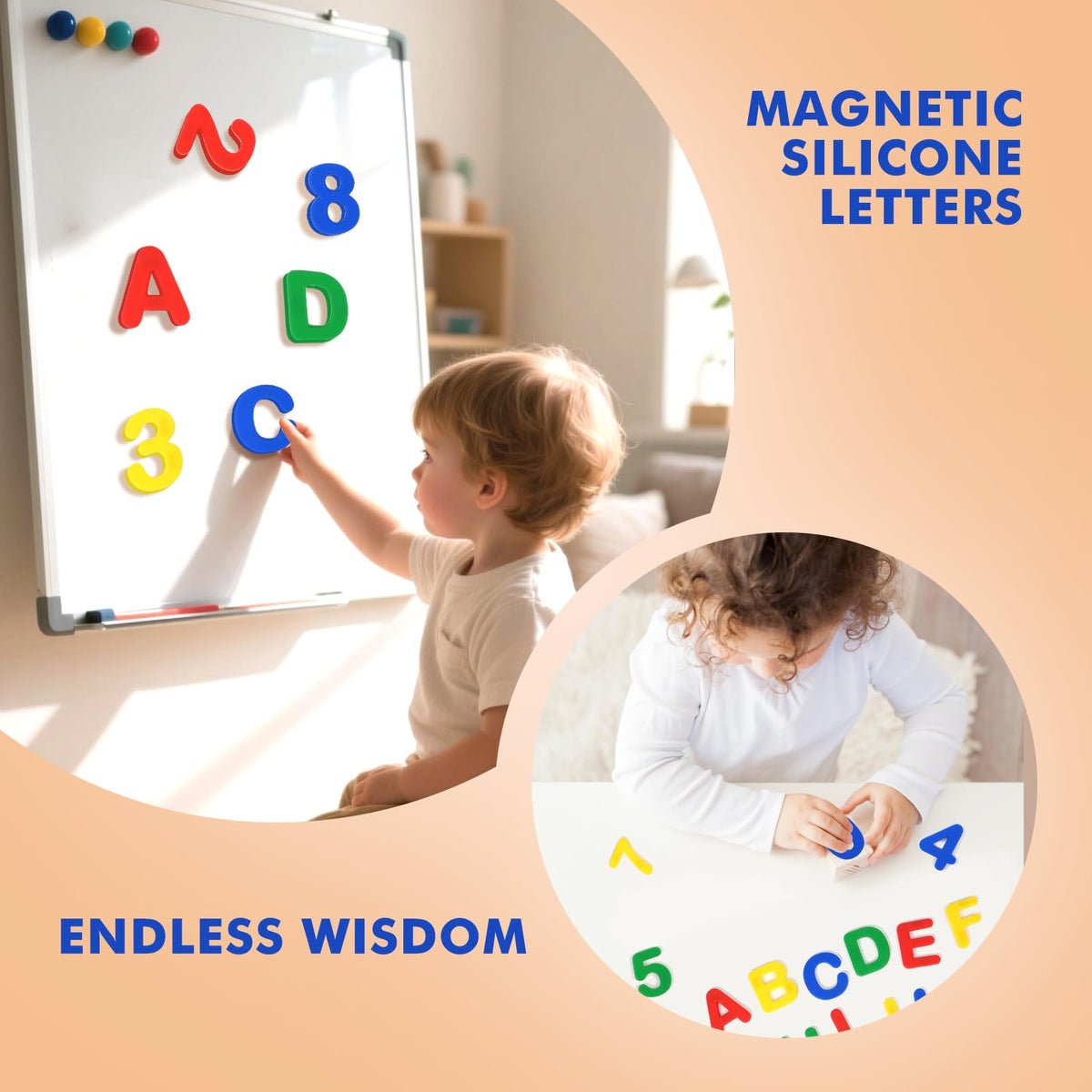 EHR magnets spell simple words and practice digit recognition on fridge.