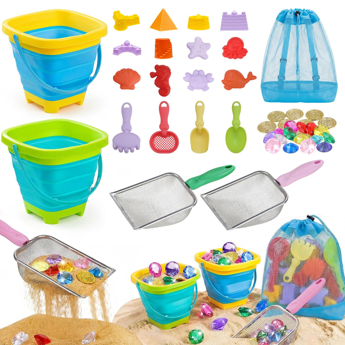 Eicaus collapsible buckets with mesh bag for easy beach packing