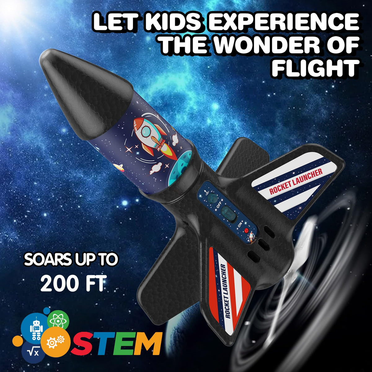 Eieymct Rocket Launcher 100ft flight showcases safe altitude and extended play outdoors.