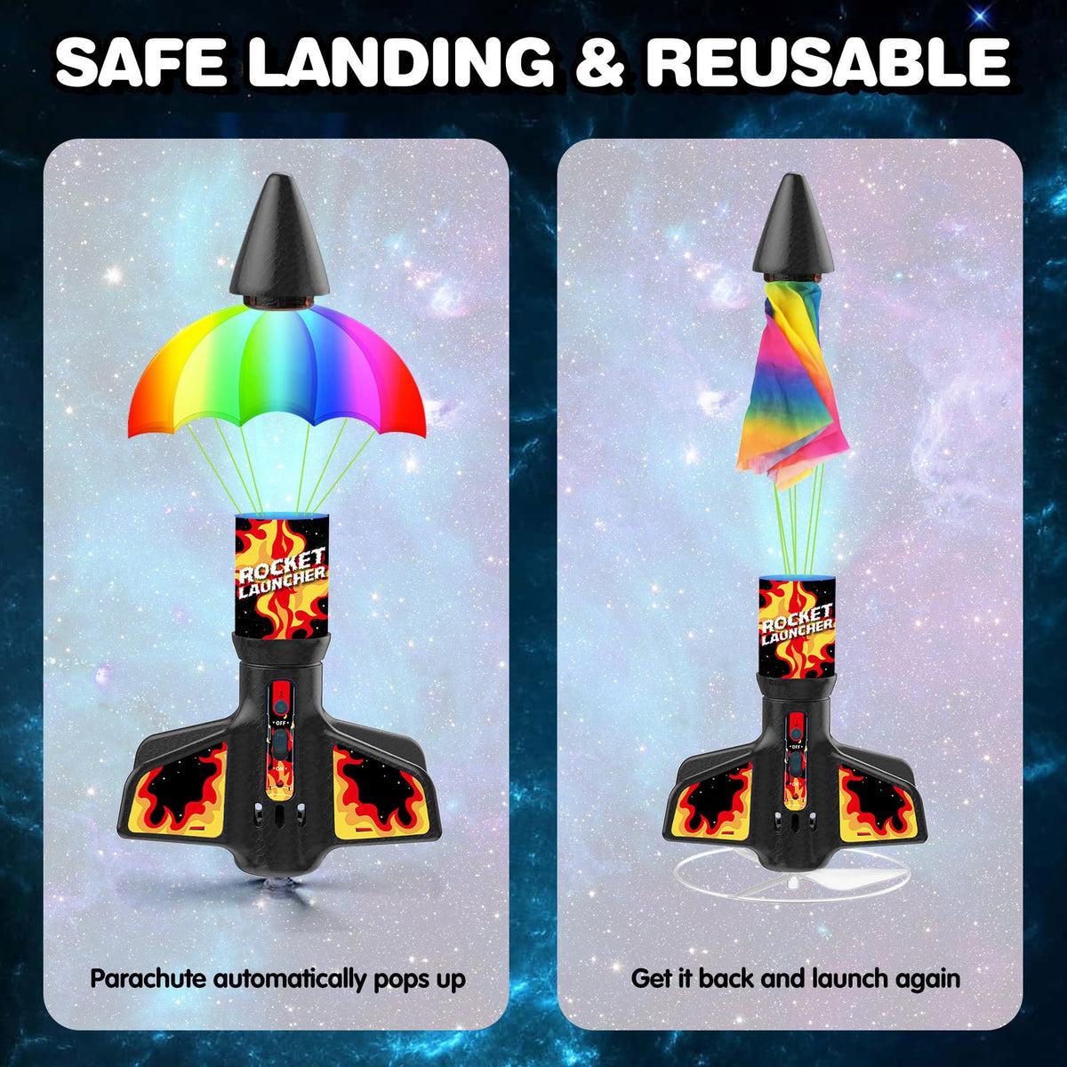 Eieymct rocket launcher has a 3-second delayed launch for safer play.
