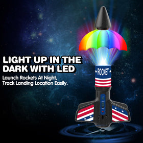 Night launch view of the Eieymct Rocket Launcher with bright LED lights