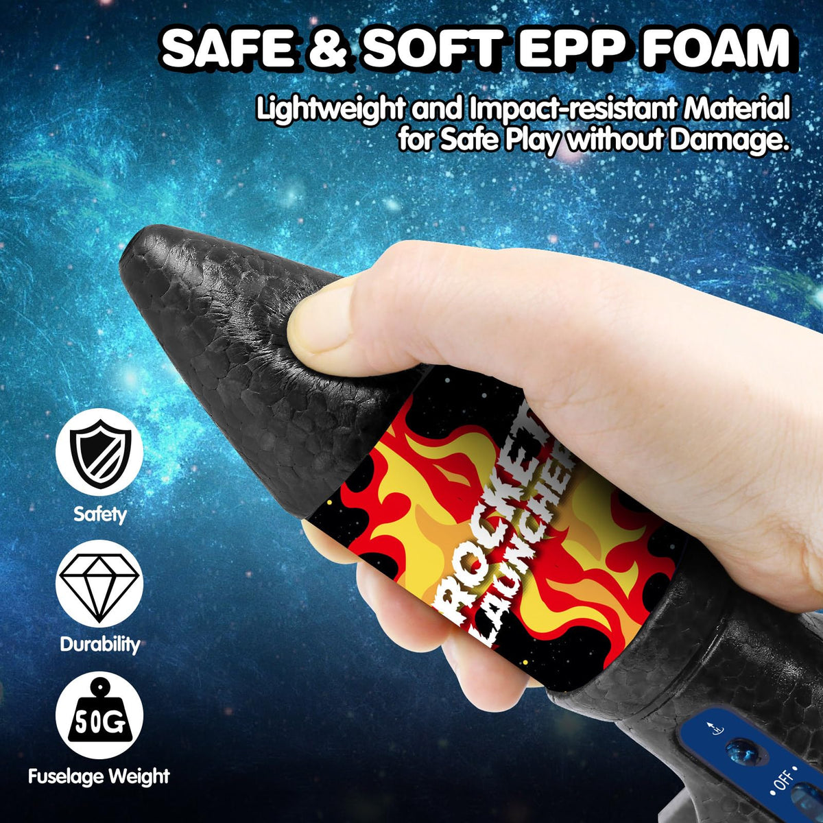 Eieymct rocket launcher uses rechargeable battery for multiple sessions per charge.
