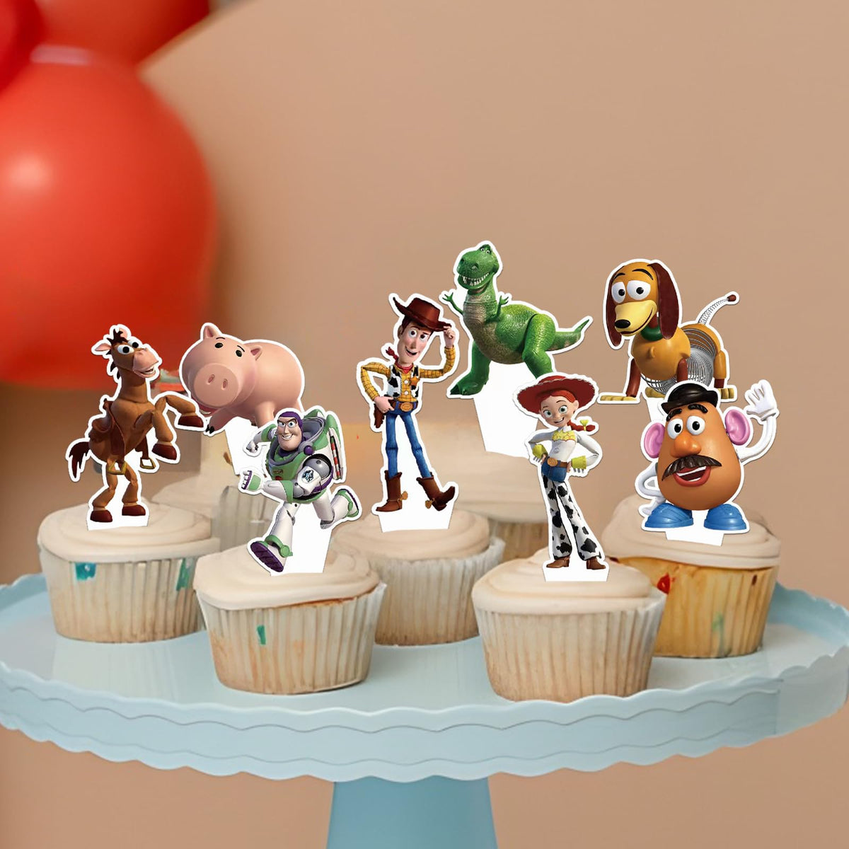 Eight-different-designs Toy Inspired Story Cupcake Toppers shown in sample set