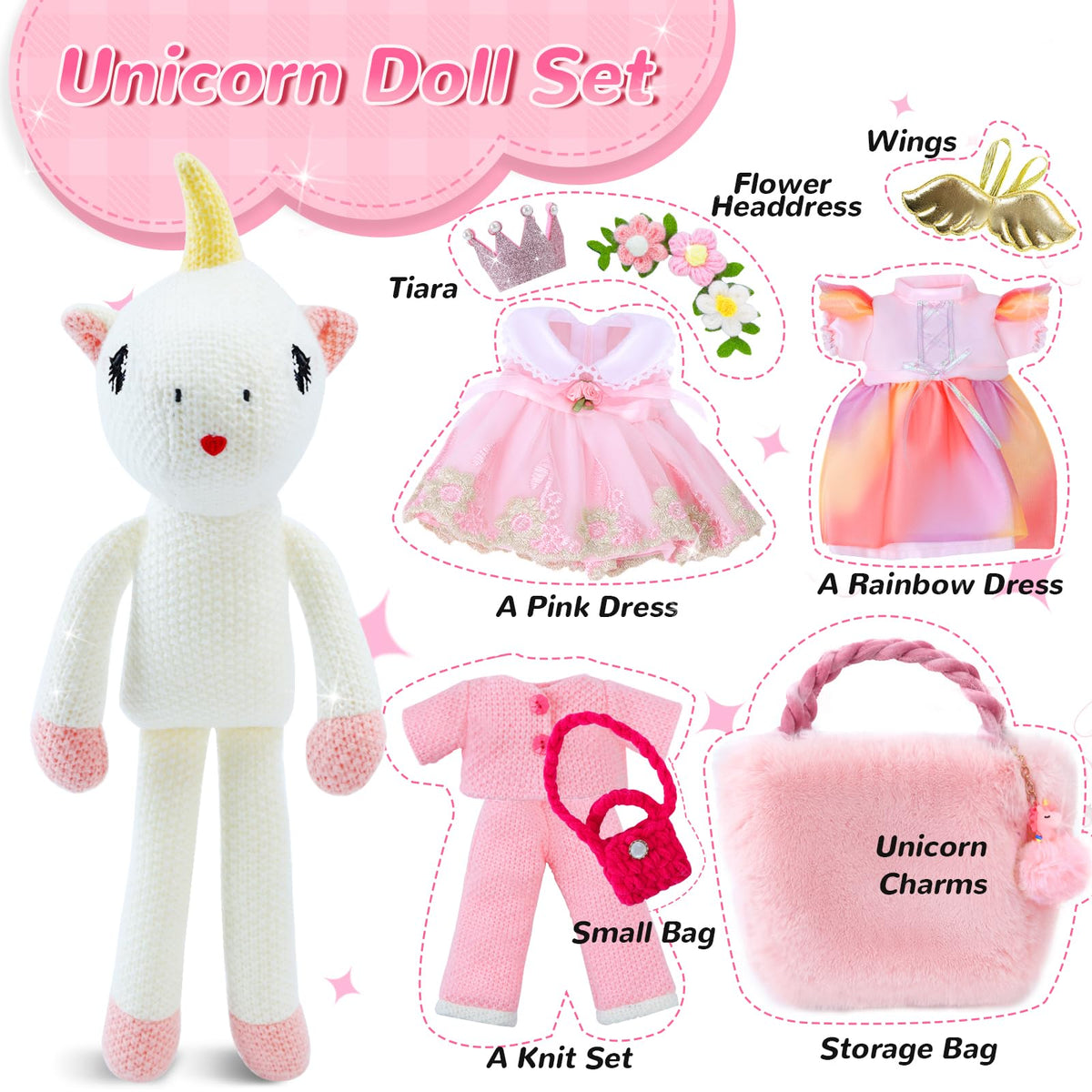 Eiranss Unicorns doll wearing pink tutu for creative dress-up and role play