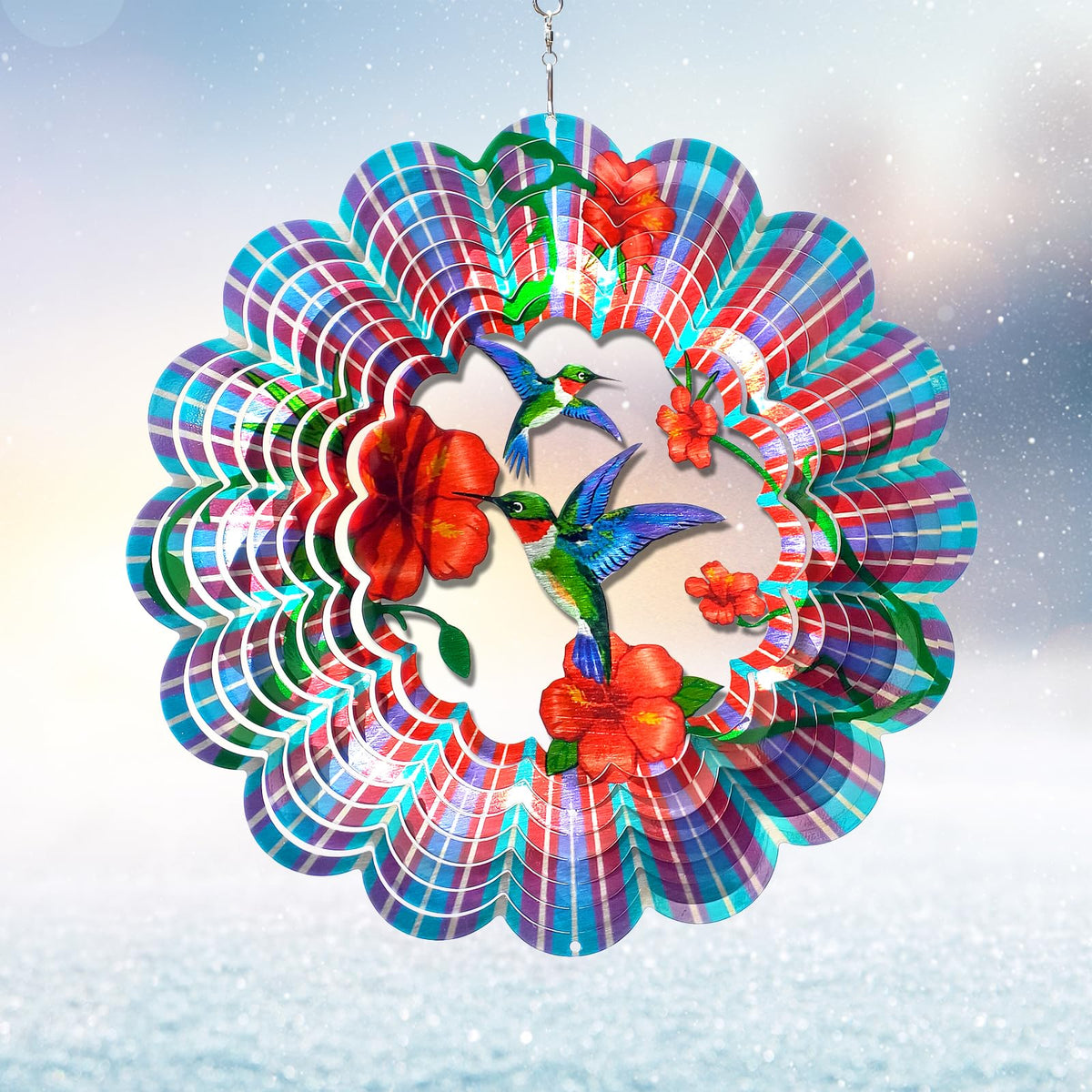 Eiryhope hummingbird wind spinner 3D in action, a striking garden focal point