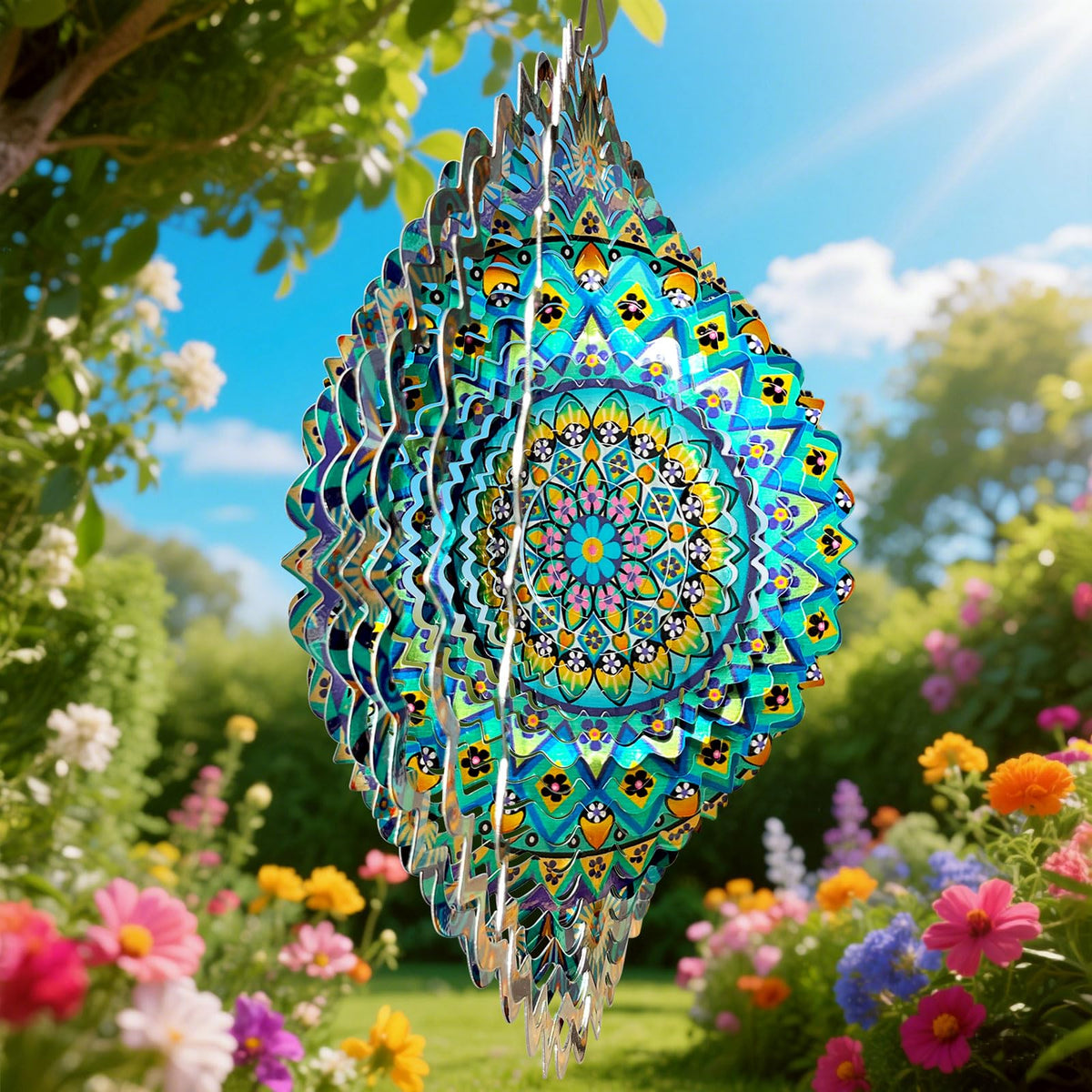 Eiryhope wind spinner 3D kinetic sculpture showcases vibrant reflections in sunlight.