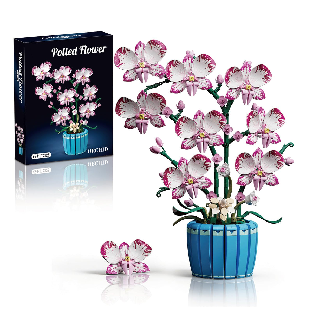 EITOLNR Flowers Botanicals pink orchid building kit with blue pot for elegant home décor.