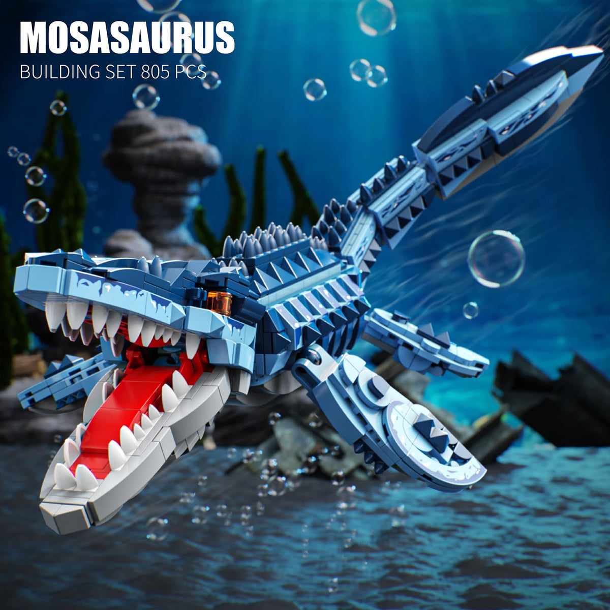 EITOLNR Mosasaurus toy block set shows poseable neck and tail