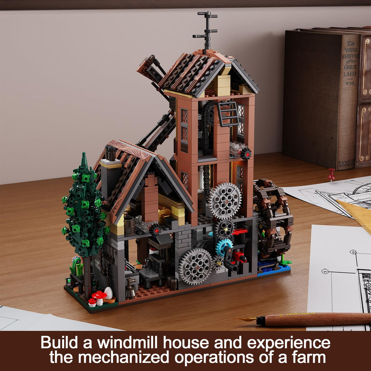 EITOLNR mechanical linkage activates windmill and waterwheel for interactivity