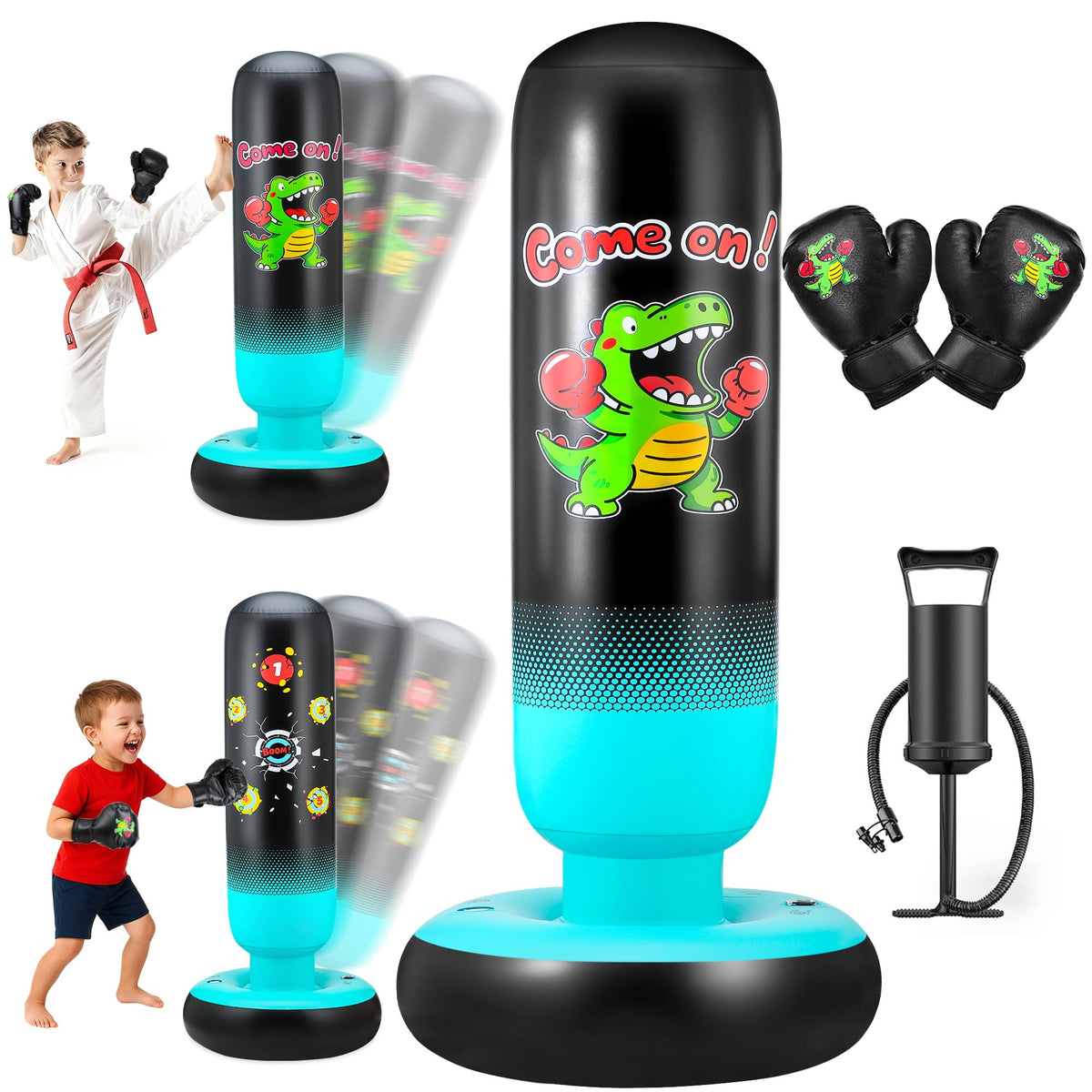 EIVONDA 65-inch dinosaur punching bag front view with durable PVC for kids