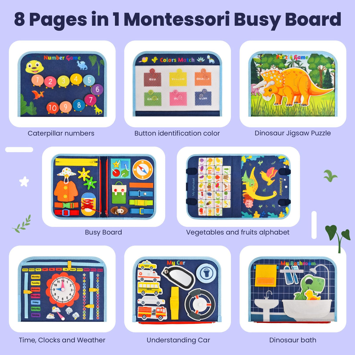Ejanmilar busy book page with 20+ activities offering diverse early learning opportunities.