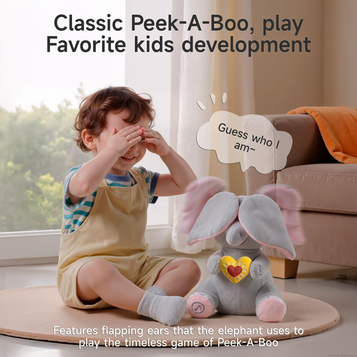 eJog Pup Peek a Boo Elephant Toy heart-in-hand motion conveys gentle interaction