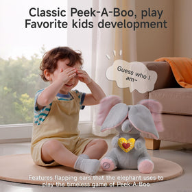eJog Pup Peek a Boo Elephant Toy heart-in-hand motion conveys gentle interaction