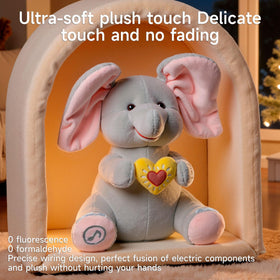 eJog Pup Peek a Boo Elephant Toy side view highlights soft materials for toddlers