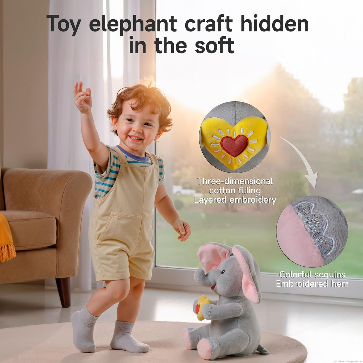 eJog Pup Peek a Boo Elephant Toy singing-buttons image demonstrates easy play for little hands