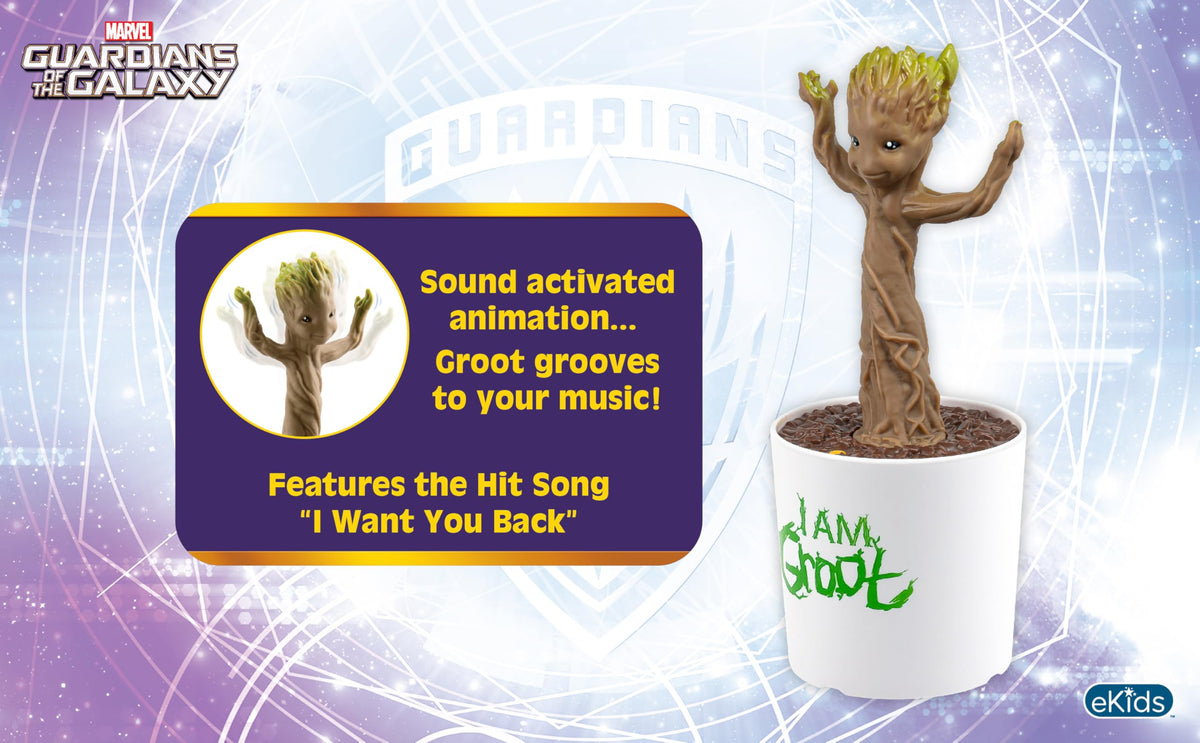 ekids Baby Groot figure with built-in song for lively storytelling moments.