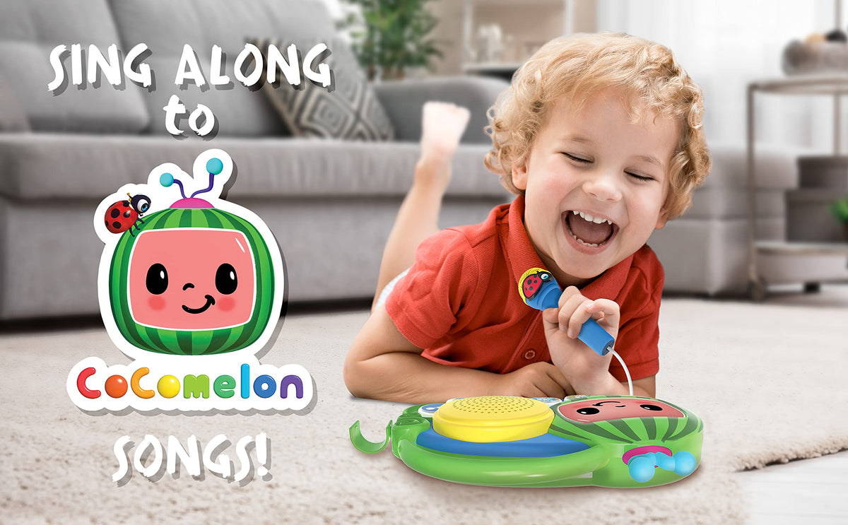 Flashing lights highlight playtime on the Cocomelon boombox