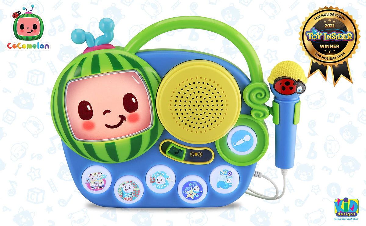 Built-in microphone invites kids to sing with the Cocomelon boombox