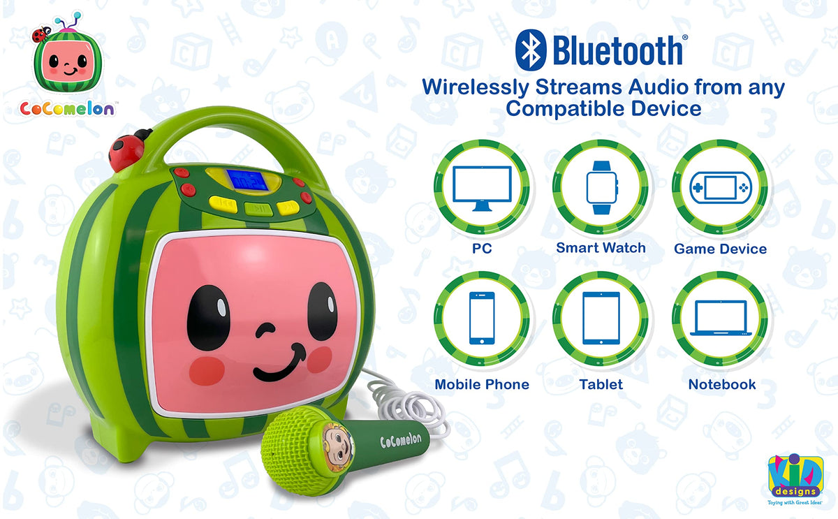 ekids Cocomelon karaoke machine Bluetooth setup for wireless streaming