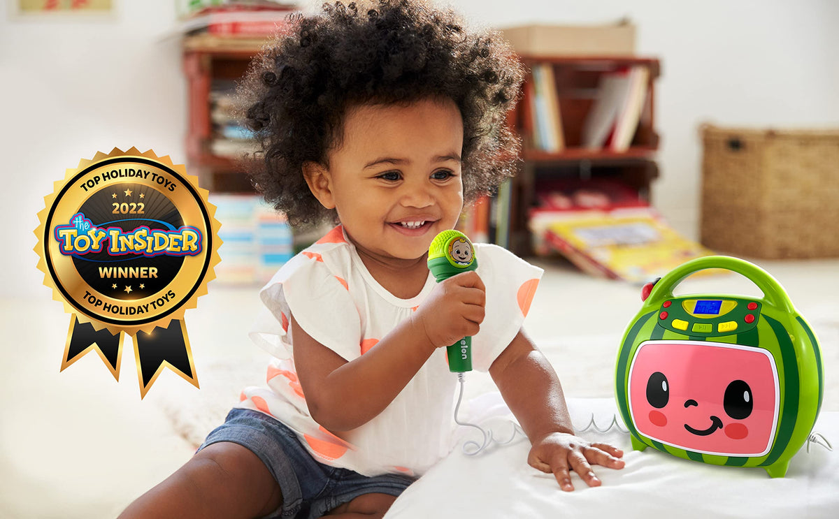 ekids Cocomelon karaoke machine side view portable design