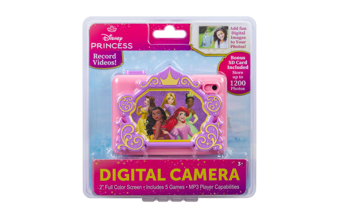 ekids Disney Princess camera includes memory card for instant storage.