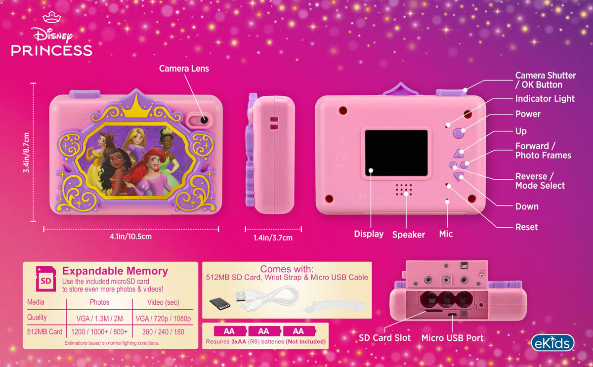 ekids Disney Princess camera side view showing compact, kid-friendly grip.
