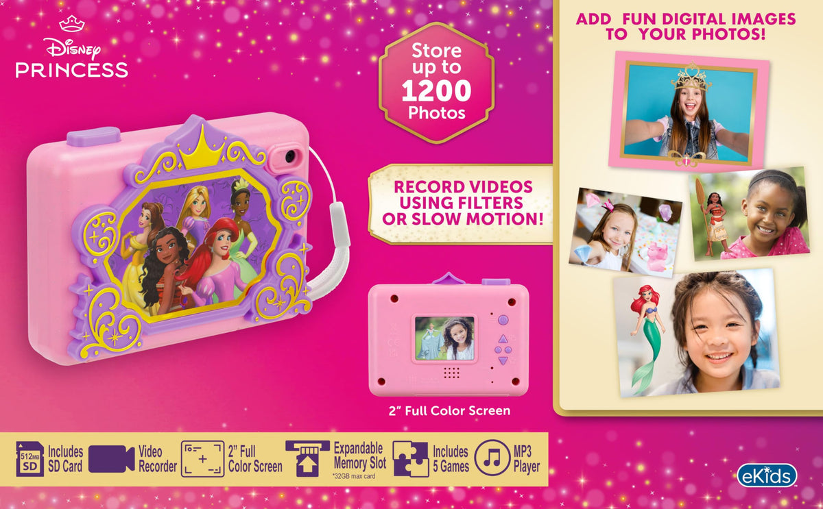 ekids Disney Princess camera with frames and stickers for decoration.