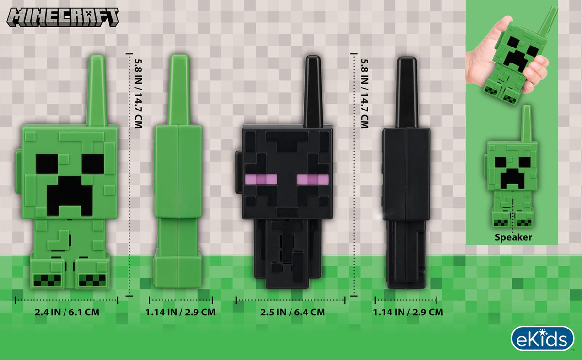 ekids Minecraft Walkie Talkies button push action demonstrates simple use.