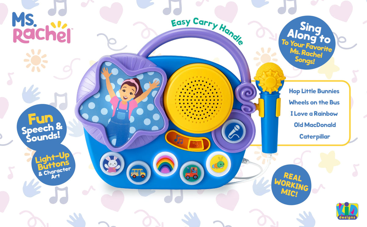 eKids Ms Rachel boombox design with colorful graphics for playful learning.