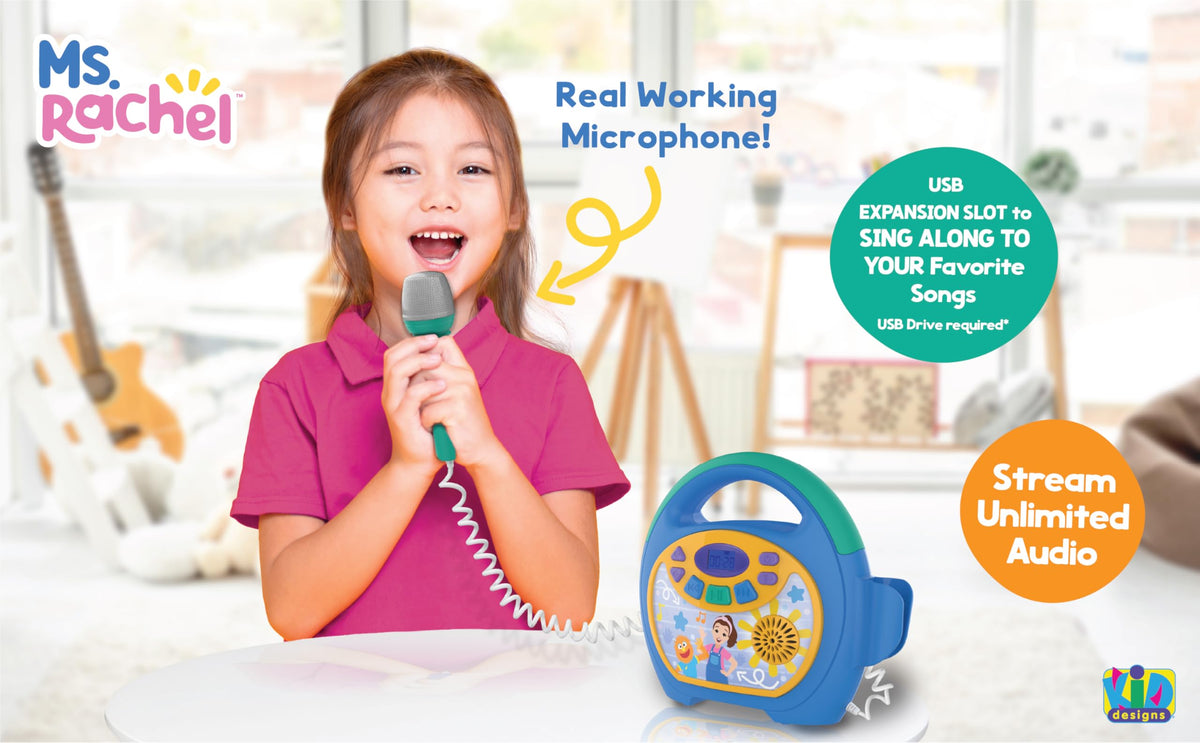 eKids Ms Rachel microphone close-up, wired mic for authentic karaoke.